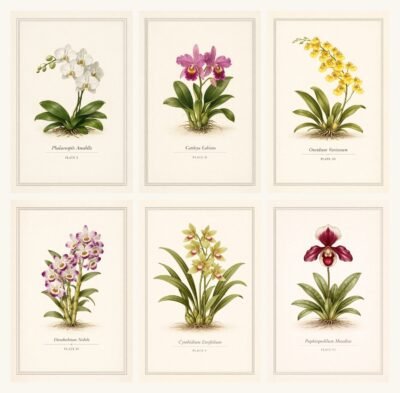 The complete Orchid Botanical Series — six vintage-style botanical plates as a collected set
