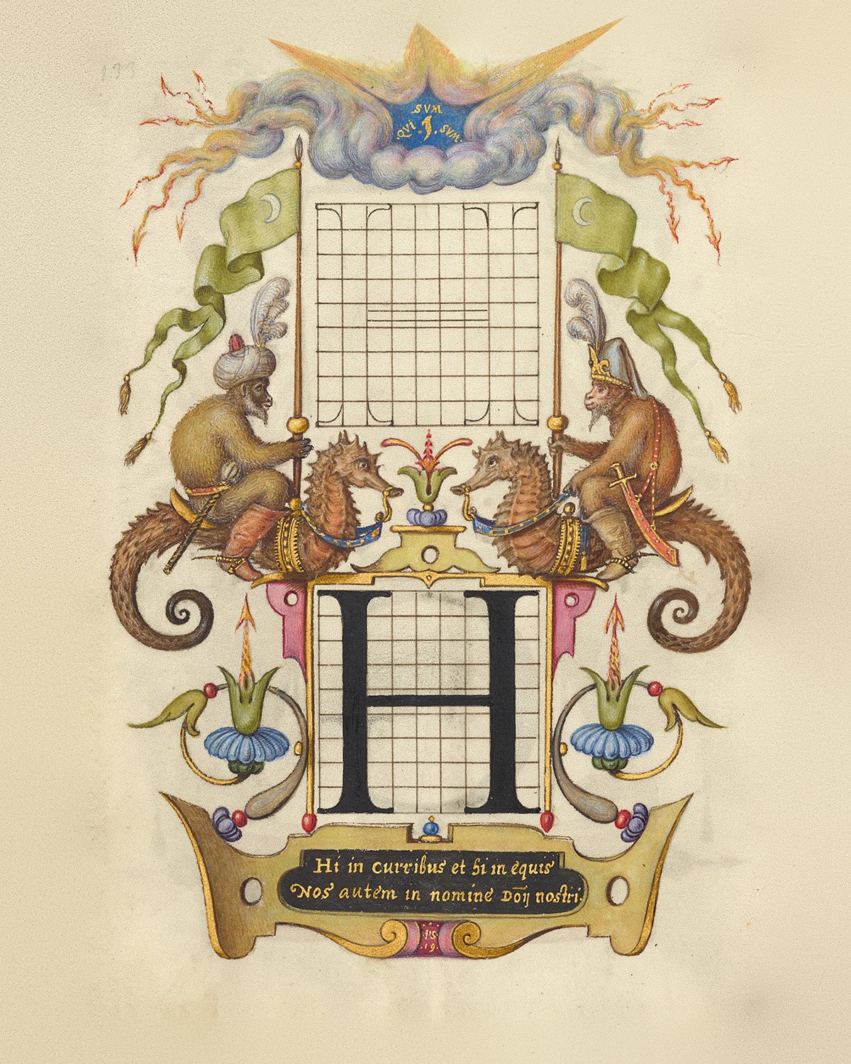Illuminated Renaissance letter H by Joris Hoefnagel, with two monkeys riding seahorses beneath a storm cloud