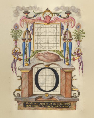 Illuminated Renaissance letter O by Joris Hoefnagel, set into a marble pedestal beneath a winged heart and peacock feathers