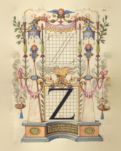 Illuminated Renaissance letter Z by Joris Hoefnagel, between two pink marble obelisks beneath a flaming brazier and winged cherub
