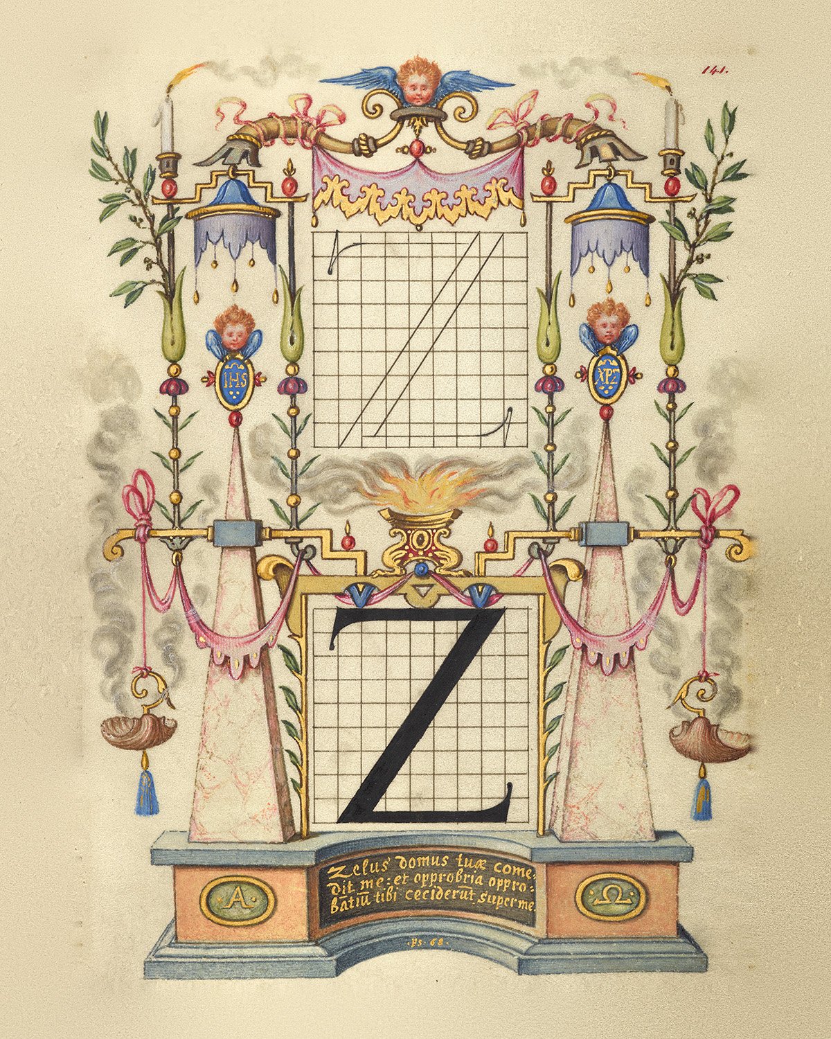 Illuminated Renaissance letter Z by Joris Hoefnagel, between two pink marble obelisks beneath a flaming brazier and winged cherub